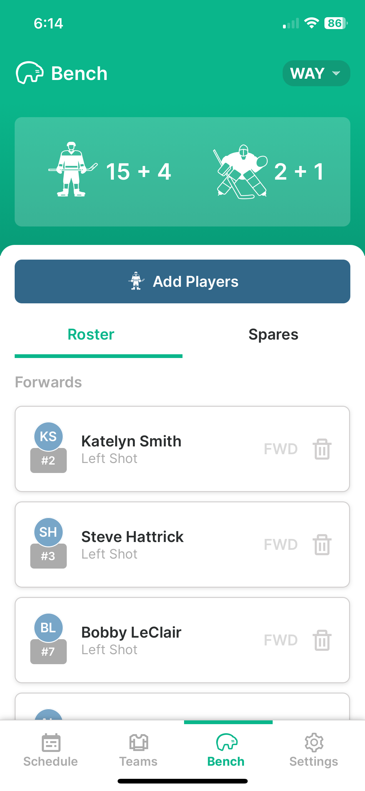 Tracky Roster Management Screen
