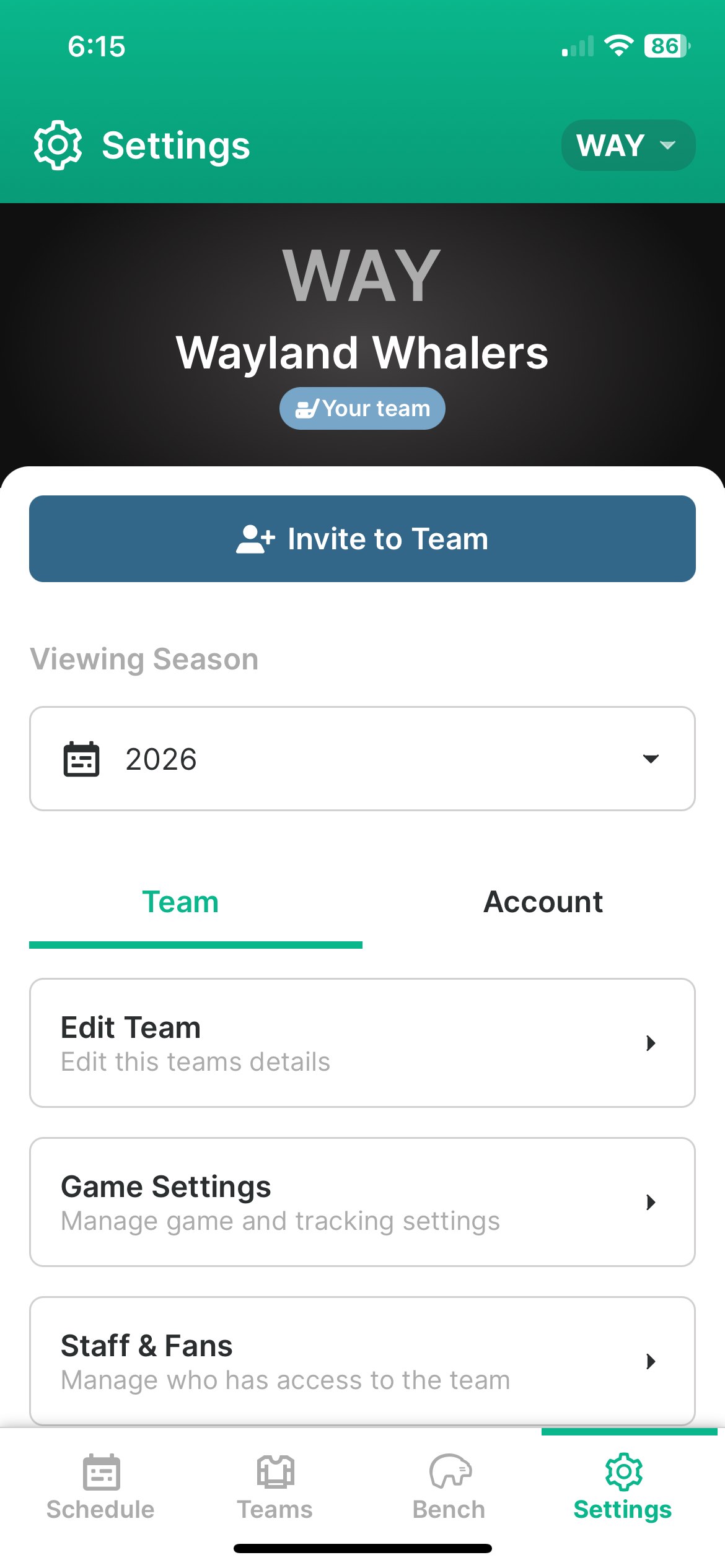 Tracky Team Settings Screen