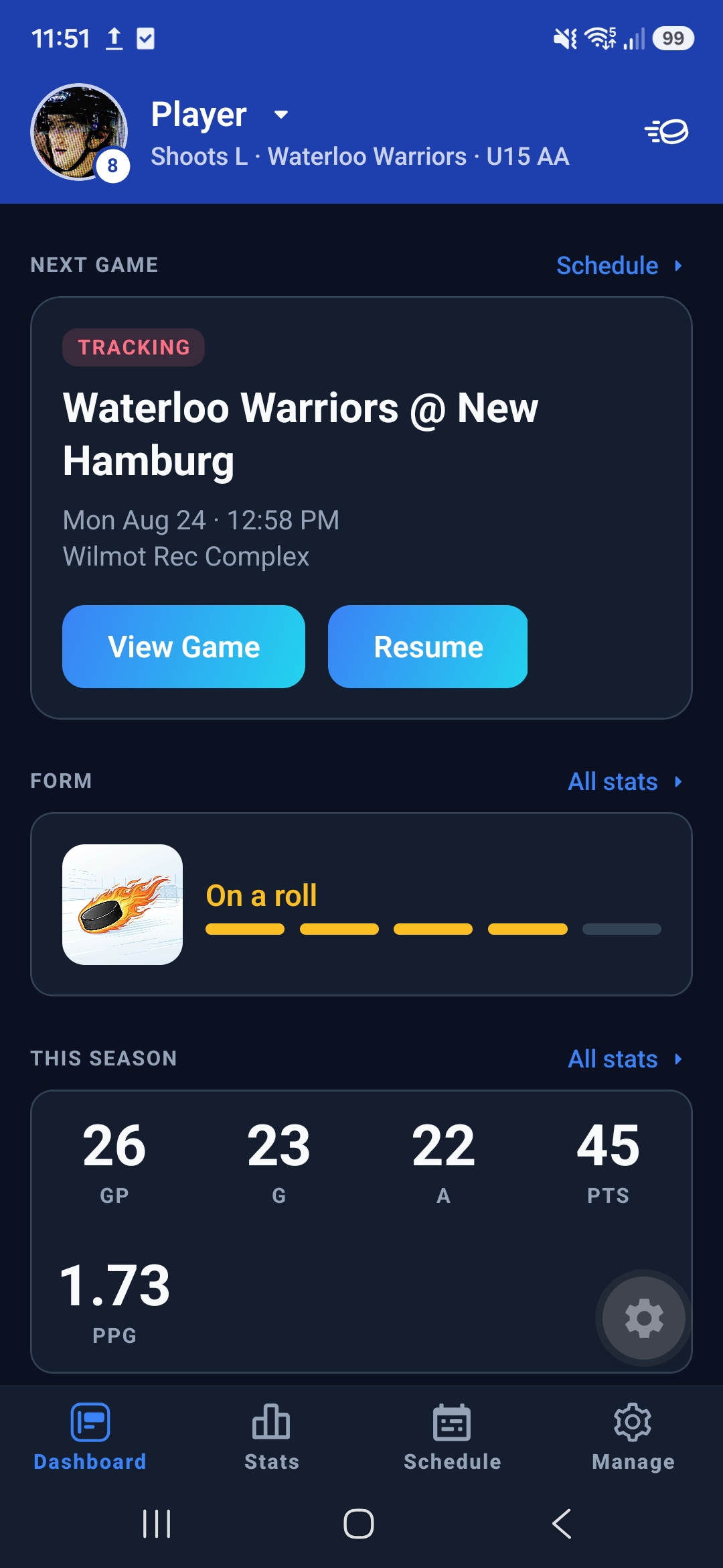 KeepBook dashboard with next game, form, and season stats