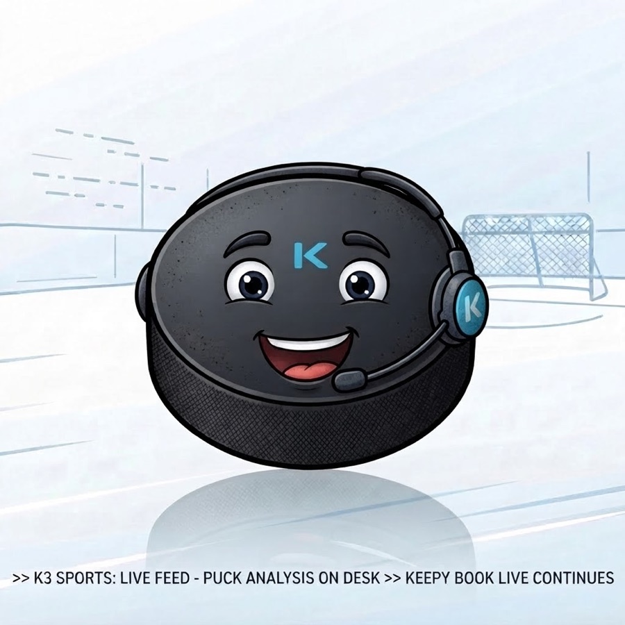Keepy, a smiling hockey puck in a headset, reporting from the ice
