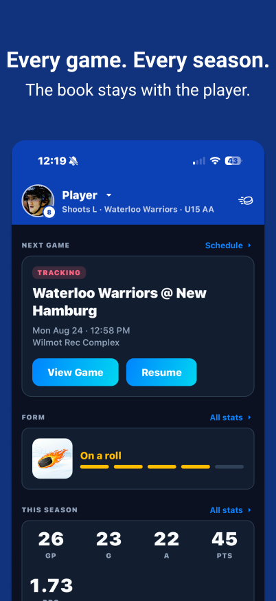 KeepBook dashboard: every game, every season, the book stays with the player.