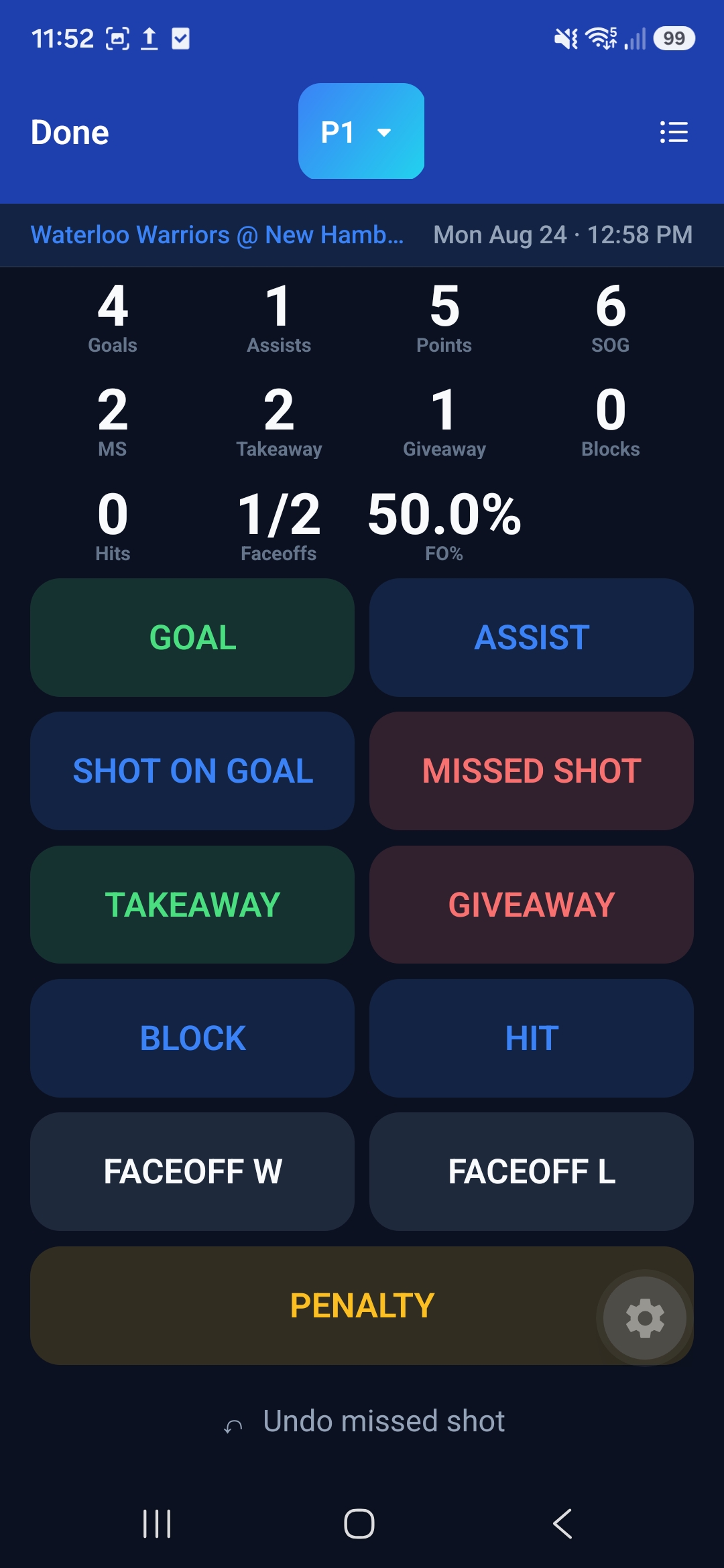 KeepBook live tracker with one-tap goal, shot, and save buttons