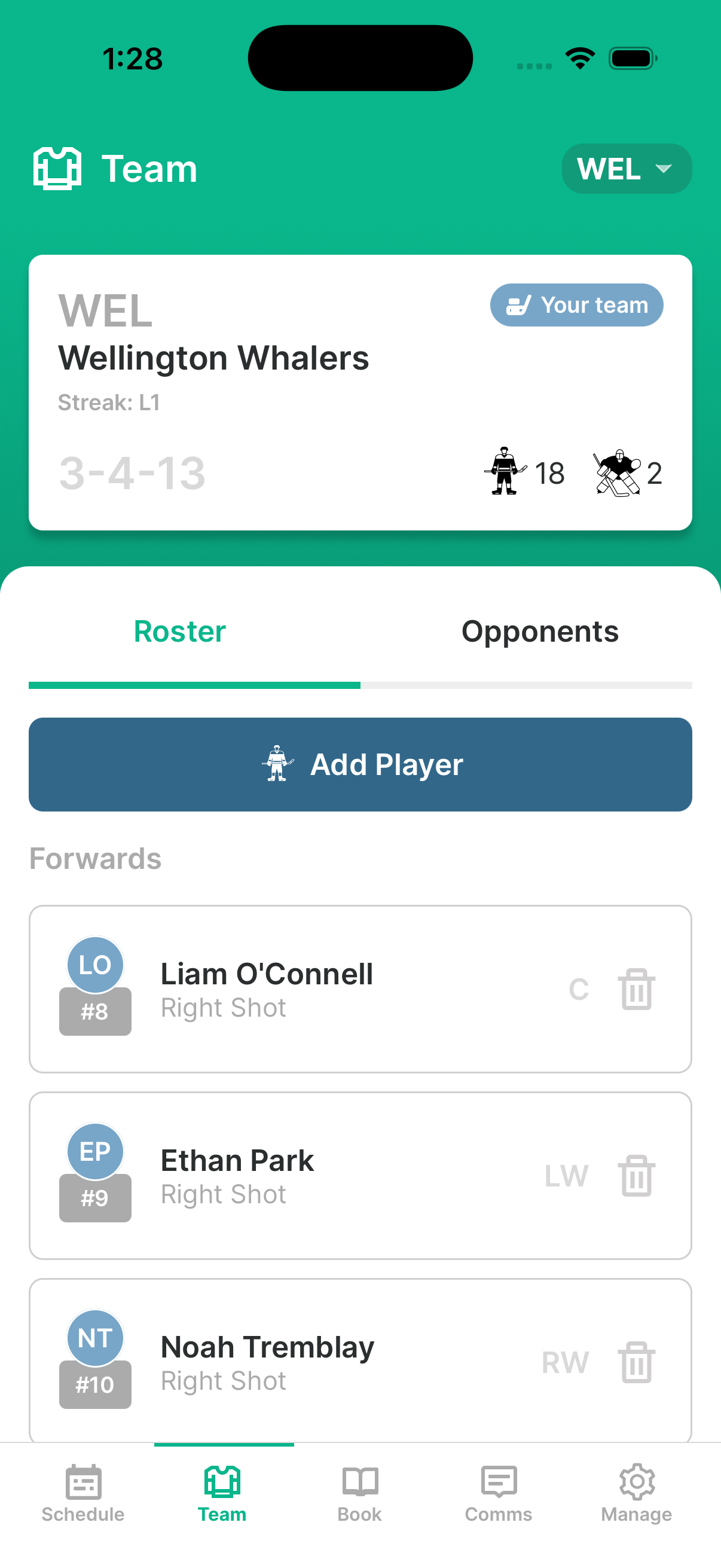 Tracky roster management screen showing players by position and jersey number