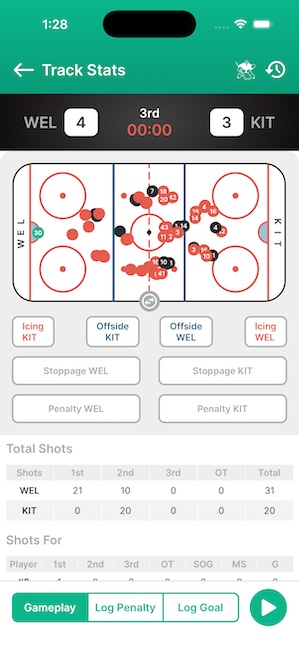 Tracky live game tracking screen showing shot positions on a hockey rink map