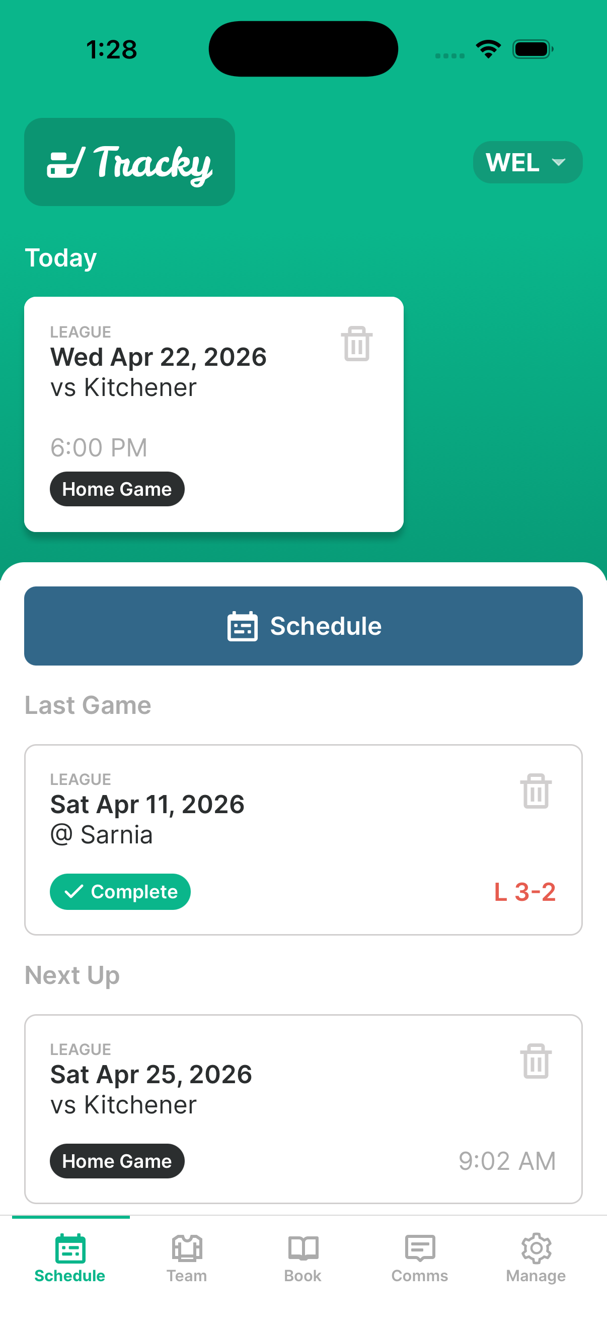 Tracky schedule screen showing upcoming hockey games and practices by month