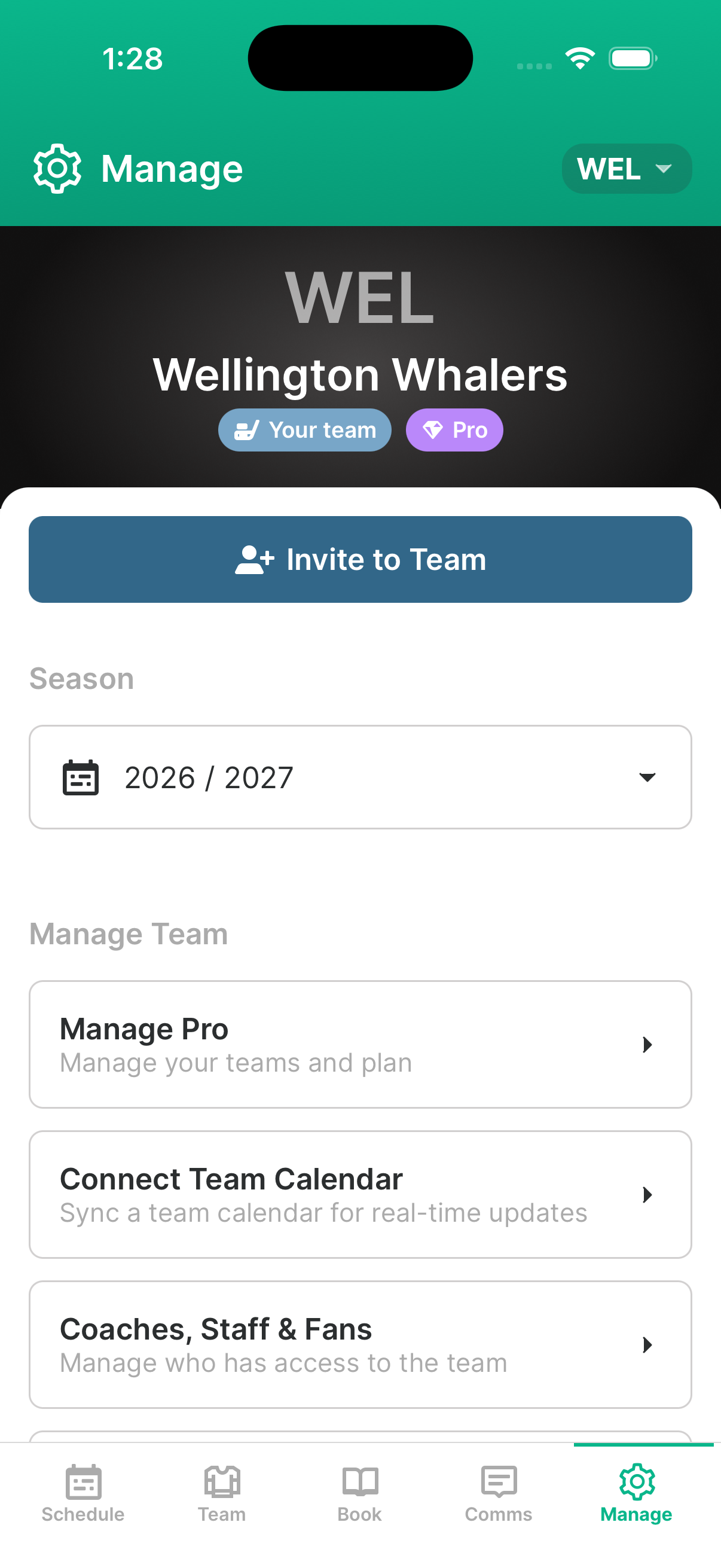 Tracky team settings screen showing role-based invite options for coaches, parents, and staff